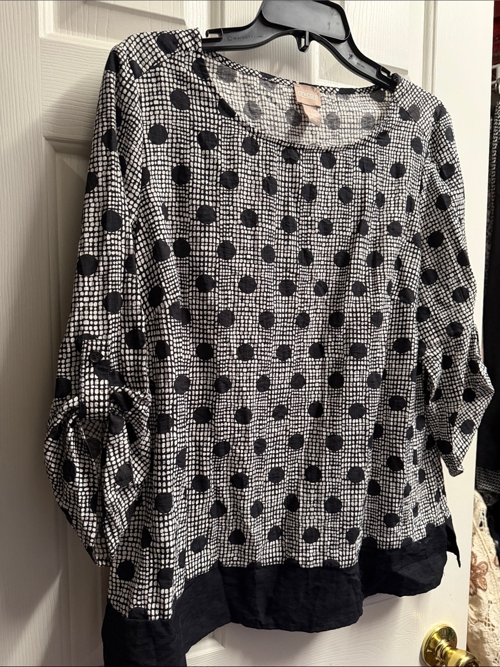 Chico’s Gray & Black Polka Dot 3/4 Sleeve Blouse Size 8